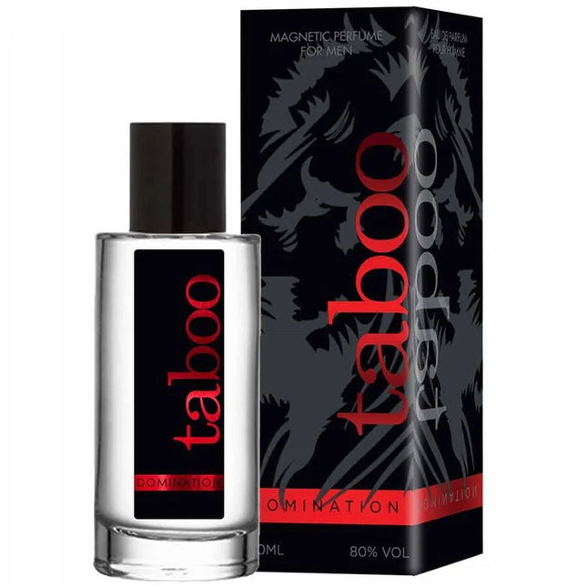 Klar glasflasche mit schwarzem deckel und rotem taboo label duft domination parfüm mit pheromonen für ihn 50ml