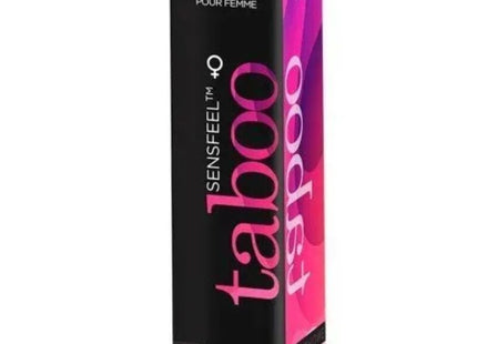 Ein schlanker schwarzer und pinkfarbener rechteckiger karton für ruf taboo sensfeel pheromon spray für sie 15 ml