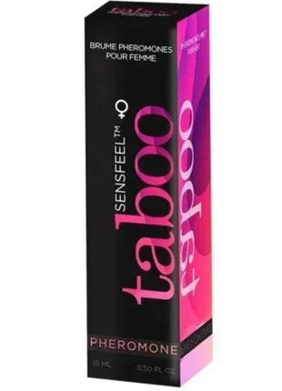Ein schlanker schwarzer und pinkfarbener rechteckiger karton für ruf taboo sensfeel pheromon spray für sie 15 ml