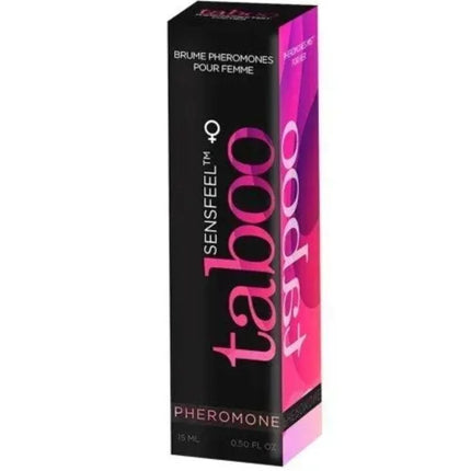 Ein schlanker schwarzer und pinkfarbener rechteckiger karton für ruf taboo sensfeel pheromon spray für sie 15 ml