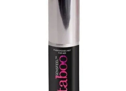 Ein schlanker silberner zylinderflakon sensfeel taboo pheromon mist für sie mit schwarzem etiket in pink und weiß