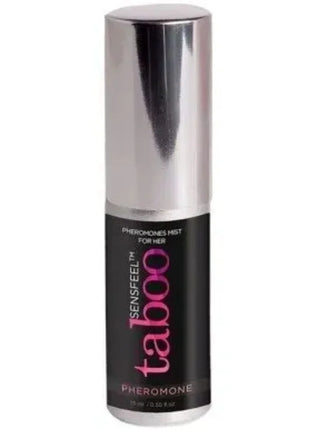 Ein schlanker silberner zylinderflakon sensfeel taboo pheromon mist für sie mit schwarzem etiket in pink und weiß