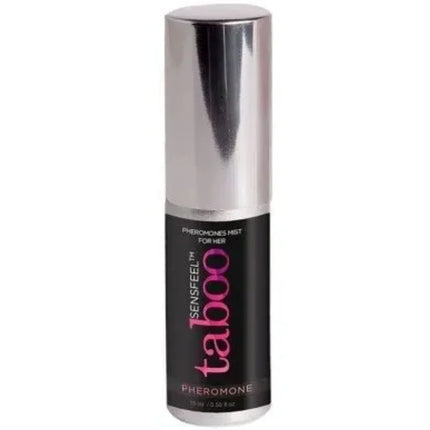 Ein schlanker silberner zylinderflakon sensfeel taboo pheromon mist für sie mit schwarzem etiket in pink und weiß