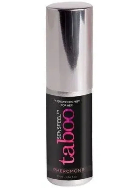 Ein schlanker silberner zylinderflakon sensfeel taboo pheromon mist für sie mit schwarzem etiket in pink und weiß