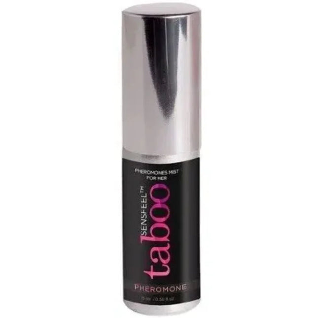Ein schlanker silberner zylinderflakon sensfeel taboo pheromon mist für sie mit schwarzem etiket in pink und weiß