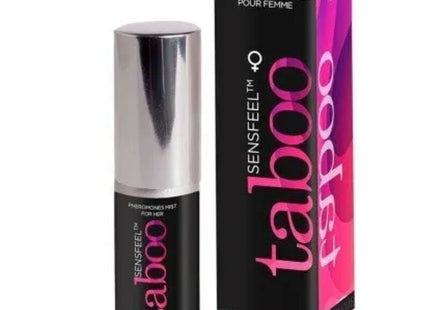 Silbertoppige sensfeel taboo pheromon-sprühflasche für sie 15 ml neben schwarzer und pinker verpackung