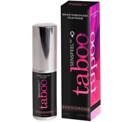 Silbertoppige sensfeel taboo pheromon-sprühflasche für sie 15 ml neben schwarzer und pinker verpackung