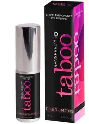 Silbertoppige sensfeel taboo pheromon-sprühflasche für sie 15 ml neben schwarzer und pinker verpackung