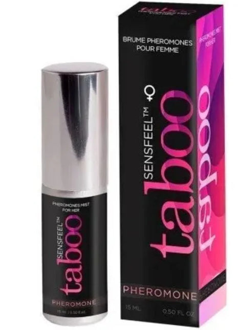 Silbertoppige sensfeel taboo pheromon-sprühflasche für sie 15 ml neben schwarzer und pinker verpackung