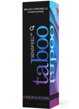 Ein schlanker schwarzer und irisierend blau-violetter rechteckiger ruf taboo sensfeel pheromon spray für ihn 15 ml
