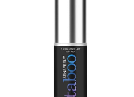 Ein schlanker silberner und schwarzer zylindrischer flakon sensfeel taboo pheromon mist für ihn mit irisierendem label