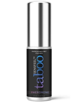 Ein schlanker silberner und schwarzer zylindrischer flakon sensfeel taboo pheromon mist für ihn mit irisierendem label