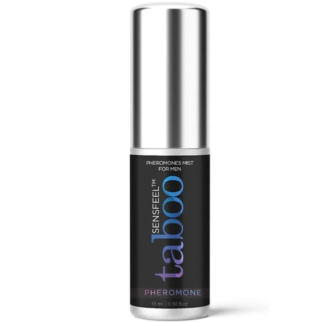 Ein schlanker silberner und schwarzer zylindrischer flakon sensfeel taboo pheromon mist für ihn mit irisierendem label