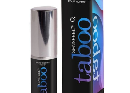 Silberner und schwarzer taboo sensfeel pheromon nebel spray mit metallischem kappe neben verpackung von ruf taboo pheromon für ihn parfum 15 ml