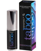 Silberner und schwarzer taboo sensfeel pheromon nebel spray mit metallischem kappe neben verpackung von ruf taboo pheromon für ihn parfum 15 ml