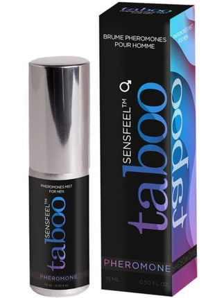 Silberner und schwarzer taboo sensfeel pheromon nebel spray mit metallischem kappe neben verpackung von ruf taboo pheromon für ihn parfum 15 ml