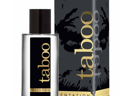 Klare glasflasche mit schwarzem deckel und goldener aufschrift taboo tentation und passender schwarzer box mit wolfslogo