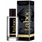 Klare glasflasche mit schwarzem deckel und goldener aufschrift taboo tentation und passender schwarzer box mit wolfslogo
