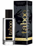Klare glasflasche mit schwarzem deckel und goldener aufschrift taboo tentation und passender schwarzer box mit wolfslogo