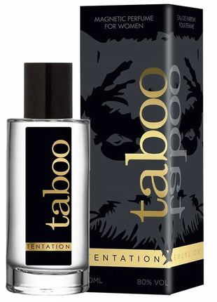 Klare glasflasche mit schwarzem deckel und goldener aufschrift taboo tentation und passender schwarzer box mit wolfslogo