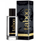 Klare glasflasche mit schwarzem deckel und goldener aufschrift taboo tentation und passender schwarzer box mit wolfslogo