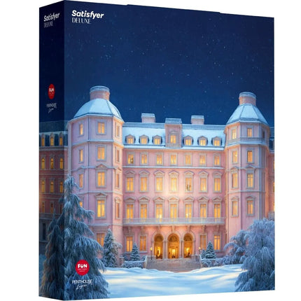 Satisfyer deluxe adventskalender 2025 mit schneebedecktem pinken mansion puzzle box unter sternenhimmel