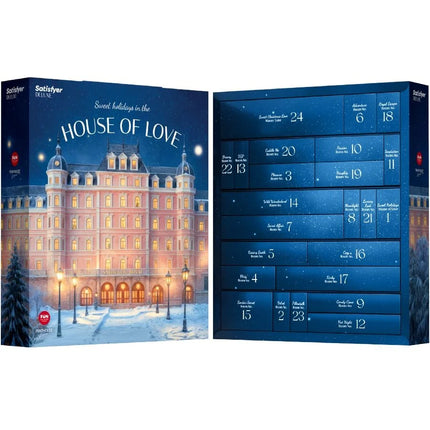 Satisfyer deluxe adventskalender 2025 mit 24 nummerierten fächern und rosa goldener hotelillustration für sweet holidays