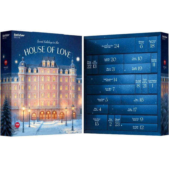 Satisfyer deluxe adventskalender 2025 mit 24 nummerierten fächern und rosa goldener hotelillustration für sweet holidays