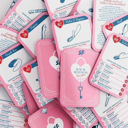 Pink rechteckige karten mit weißen und blauen texten und sexspielzeugillustrationen vom satisfyer deluxe adventskalender 2025
