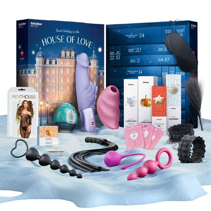 Lila silikon dildo mit gebogenem, konischem design und rotem knopf im satisfyer deluxe adventskalender 2025 von fun factory