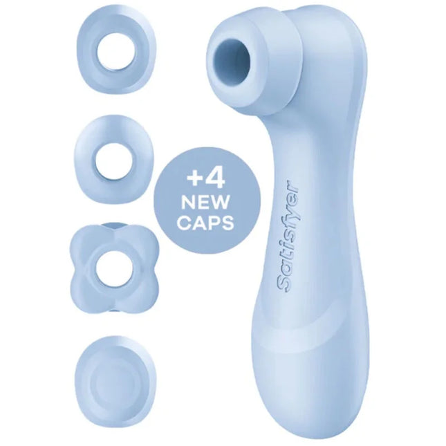 Lightblauer satisfyer pro 2 generation 4 klitoralstimulator mit vier neuen austauschbaren aufsätzen
