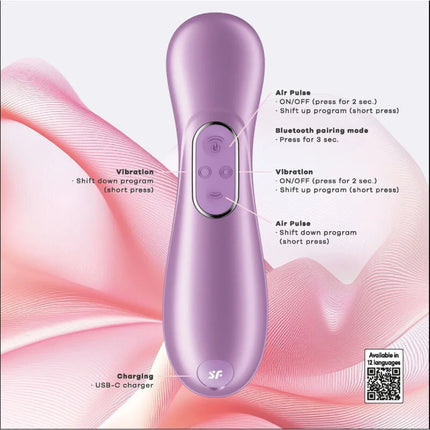 Purple silikon klitorisstimulator mit drei steuerungstasten und usb-c ladeanschluss von satisFyer pro 2 generation 4