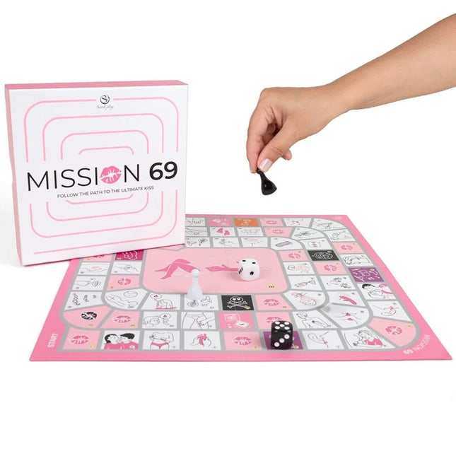 Pink mission 69 brettspiel für paare mit illustrierten feldern und weißer spielfigur auf spieloberfläche
