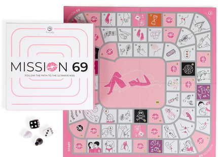 Rosa und weiße mission 69 brettspiel für paare mit romantischen feldern und zentrales motiv zweier umarmender figuren