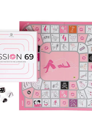 Rosa und weiße mission 69 brettspiel für paare mit romantischen feldern und zentrales motiv zweier umarmender figuren