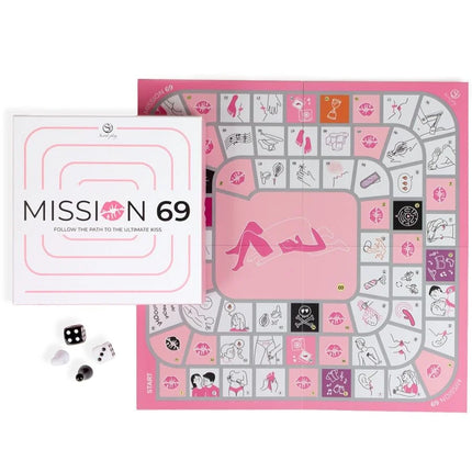 Rosa und weiße mission 69 brettspiel für paare mit romantischen feldern und zentrales motiv zweier umarmender figuren