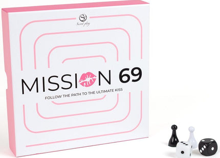 Mission 69 brettspiel für paare mit pink-weißem spielbrett, lippenabdruck-logo, schwarzen und weißen würfeln und spielsteinen