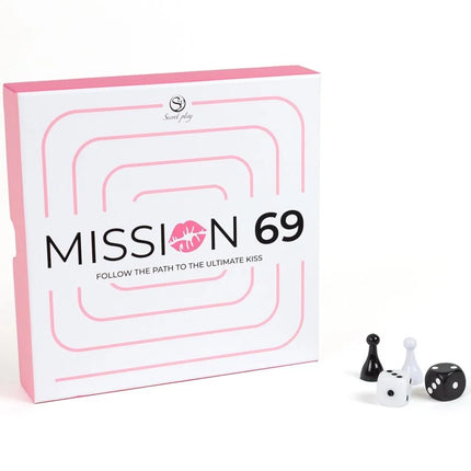 Mission 69 brettspiel für paare mit pink-weißem spielbrett, lippenabdruck-logo, schwarzen und weißen würfeln und spielsteinen