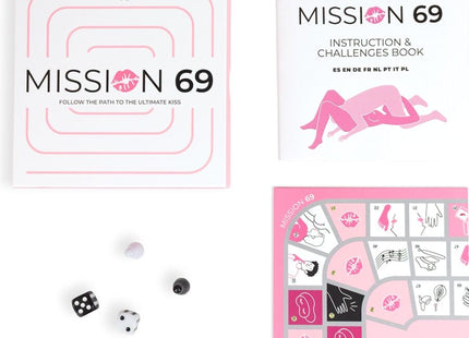 Secret play brettspiel für paare mission 69 mit pink-weißem spielkarton, minimalistischem design und spielanleitung