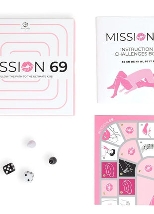 Secret play brettspiel für paare mission 69 mit pink-weißem spielkarton, minimalistischem design und spielanleitung