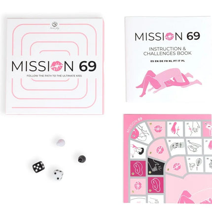 Secret play brettspiel für paare mission 69 mit pink-weißem spielkarton, minimalistischem design und spielanleitung