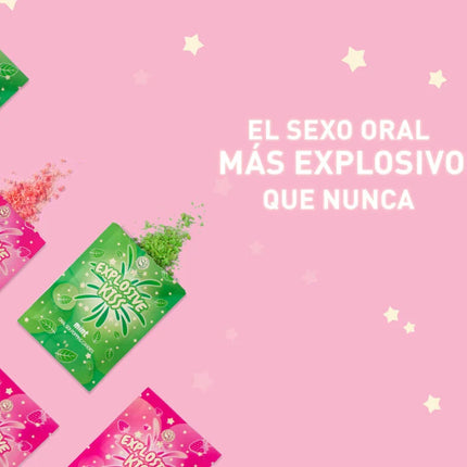 Secret play explosives süßigkeits-display mit grünen und rosa explosive kiss bonbonpackungen mit minzblättern und himbeerschwüngen