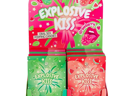 Vibranter pink grüner displayständer mit explosivem kuss popping candy in minze wassermelone und erdbeere