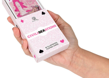 Weißes kartenspiel secret play mit pinken spielkarten und geometrischen mustern für paare civilisexations