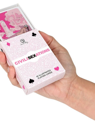 Weißes kartenspiel secret play mit pinken spielkarten und geometrischen mustern für paare civilisexations