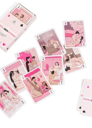 Pink illustrierte spielkarten mit romantischen szenen im rosa karton civilsexations für paare secret play