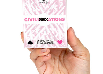 Pink und weiße illustrierte spielkarten im karton civil sexations von secret play für paare