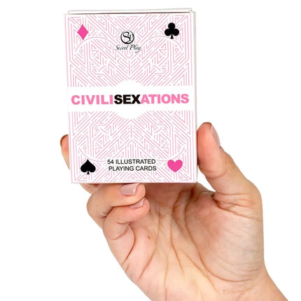 Pink und weiße illustrierte spielkarten im karton civil sexations von secret play für paare