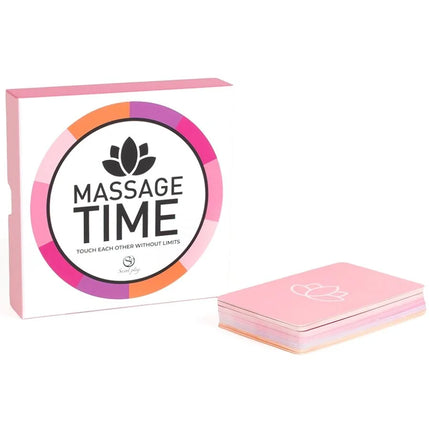 Secret Play paarspiel Massage Time Kartenspielbox in Pink mit kreisförmigem Regenbogendesign und Lotoslogo