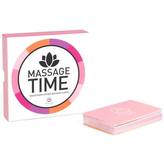Secret Play paarspiel Massage Time Kartenspielbox in Pink mit kreisförmigem Regenbogendesign und Lotoslogo